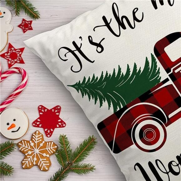 18x18 Set of 4 Red Black Christmas Tree Truck Snowman Farmhouse Pillow Case - Picture 4 of 6
